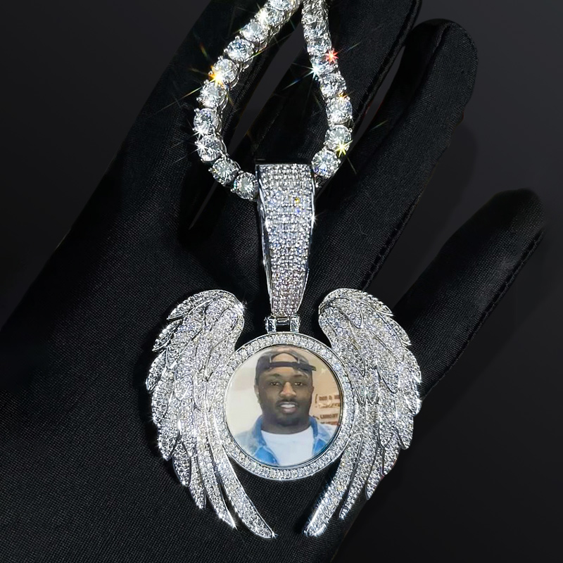 Iced Out Angel Wings Round Memory Photo Pendant