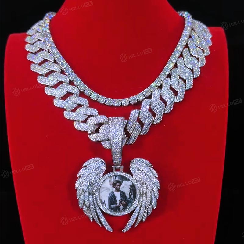 Iced Out Angel Wings Round Memory Photo Pendant