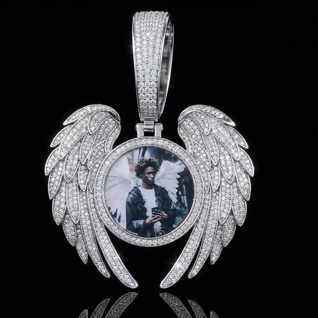 Iced Out Angel Wings Round Memory Photo Pendant Iced Out Angel Wings Round Memory Photo Pendant