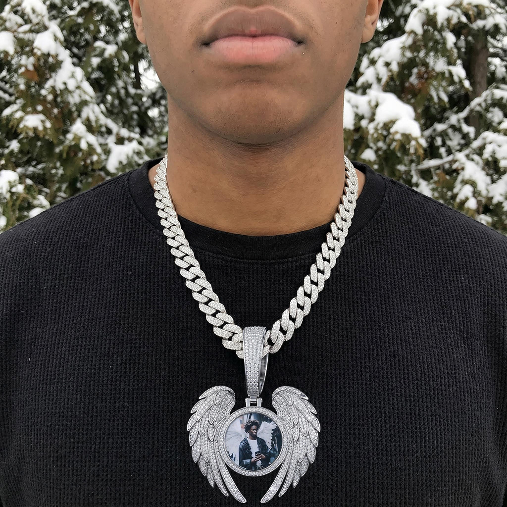 Iced Out Angel Wings Round Memory Photo Pendant Iced Out Angel Wings Round Memory Photo Pendant