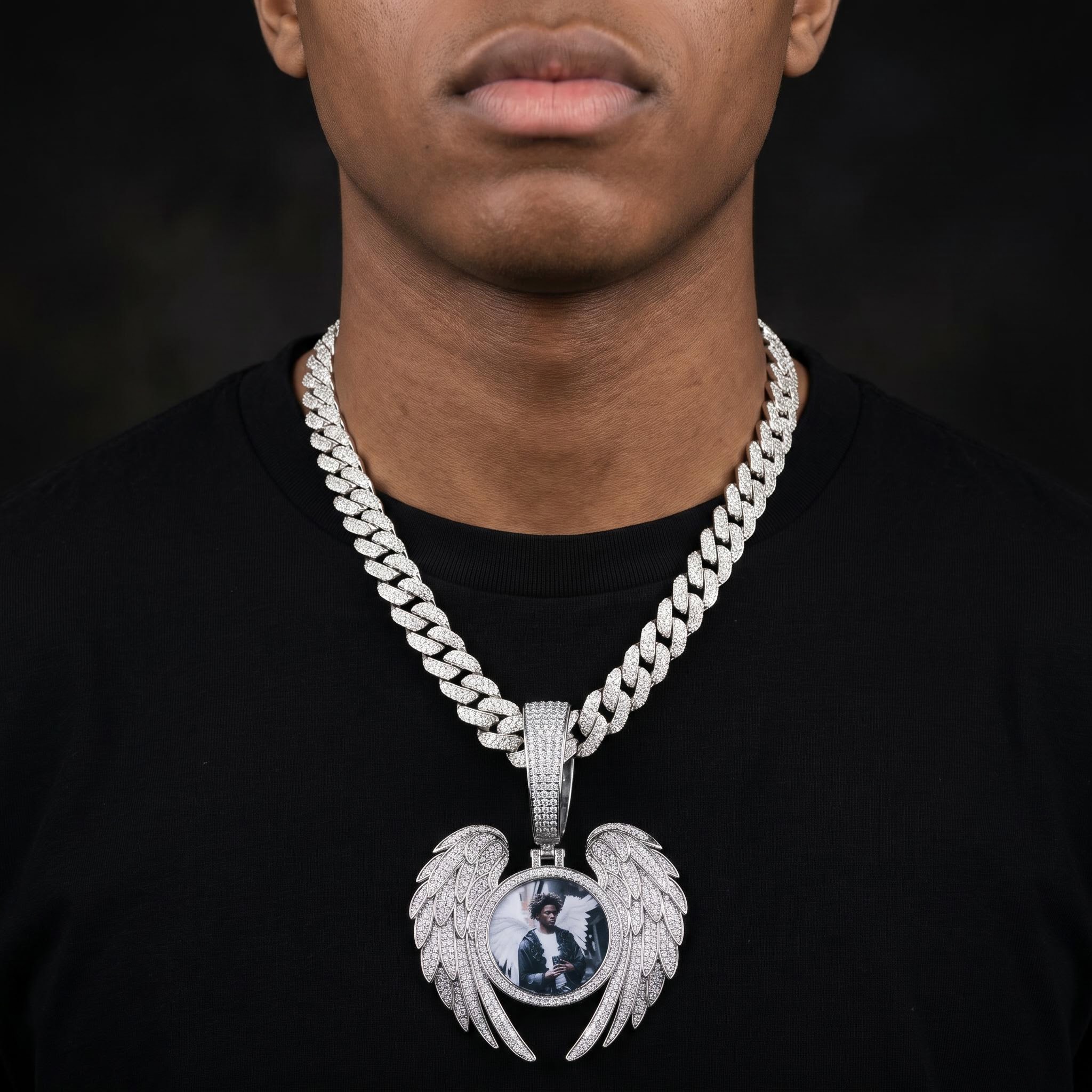 Iced Out Angel Wings Round Memory Photo Pendant Iced Out Angel Wings Round Memory Photo Pendant