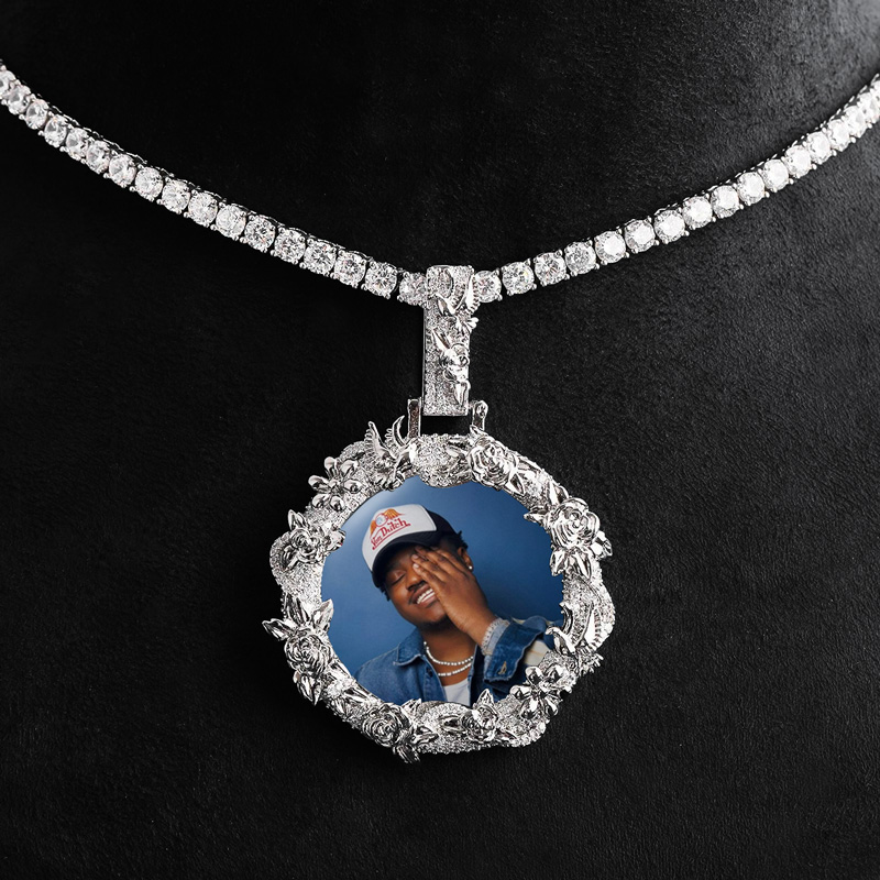 Iced Out Peace Dove Flower Photo Pendant