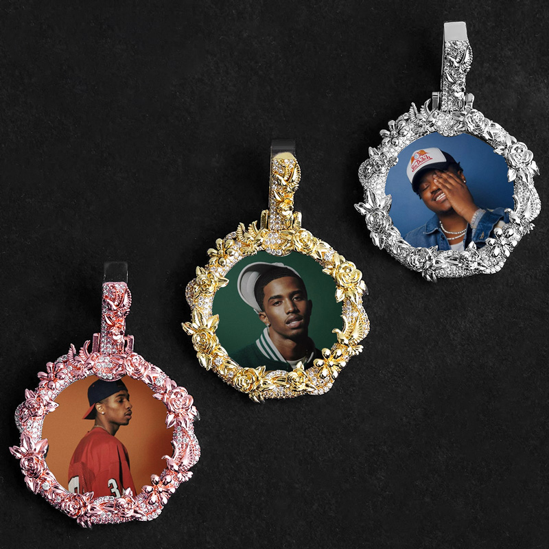 Iced Out Peace Dove Flower Photo Pendant