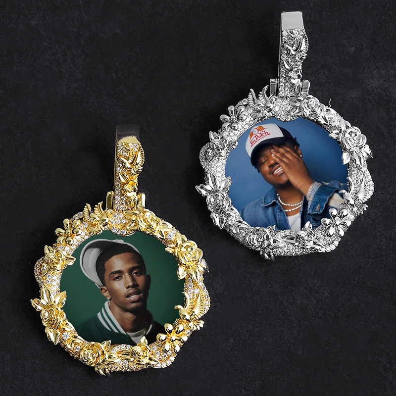 Iced Out Peace Dove Flower Photo Pendant