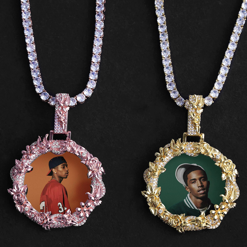 Iced Out Peace Dove Flower Photo Pendant