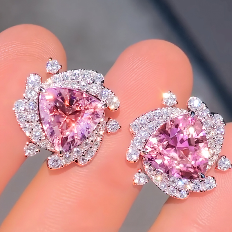 Sleek Symmetry Pink Trillion Cut Halo Diamond Earrings