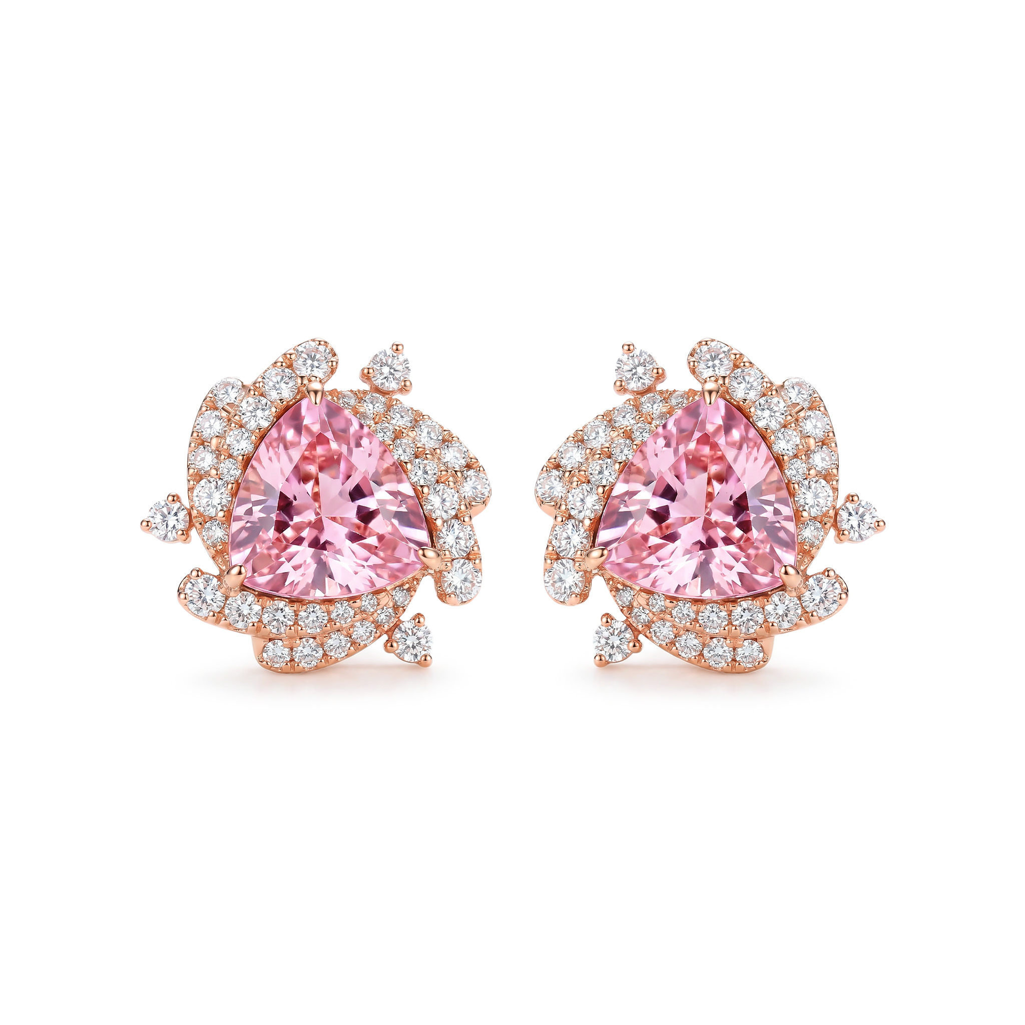 Sleek Symmetry Pink Trillion Cut Halo Diamond Earrings