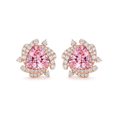 Sleek Symmetry Pink Trillion Cut Halo Diamond Earrings
