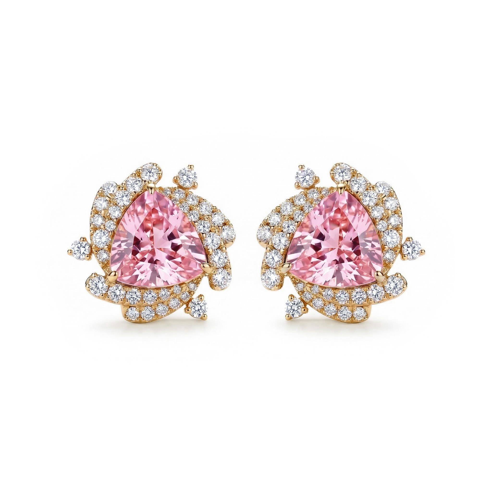 Sleek Symmetry Pink Trillion Cut Halo Diamond Earrings