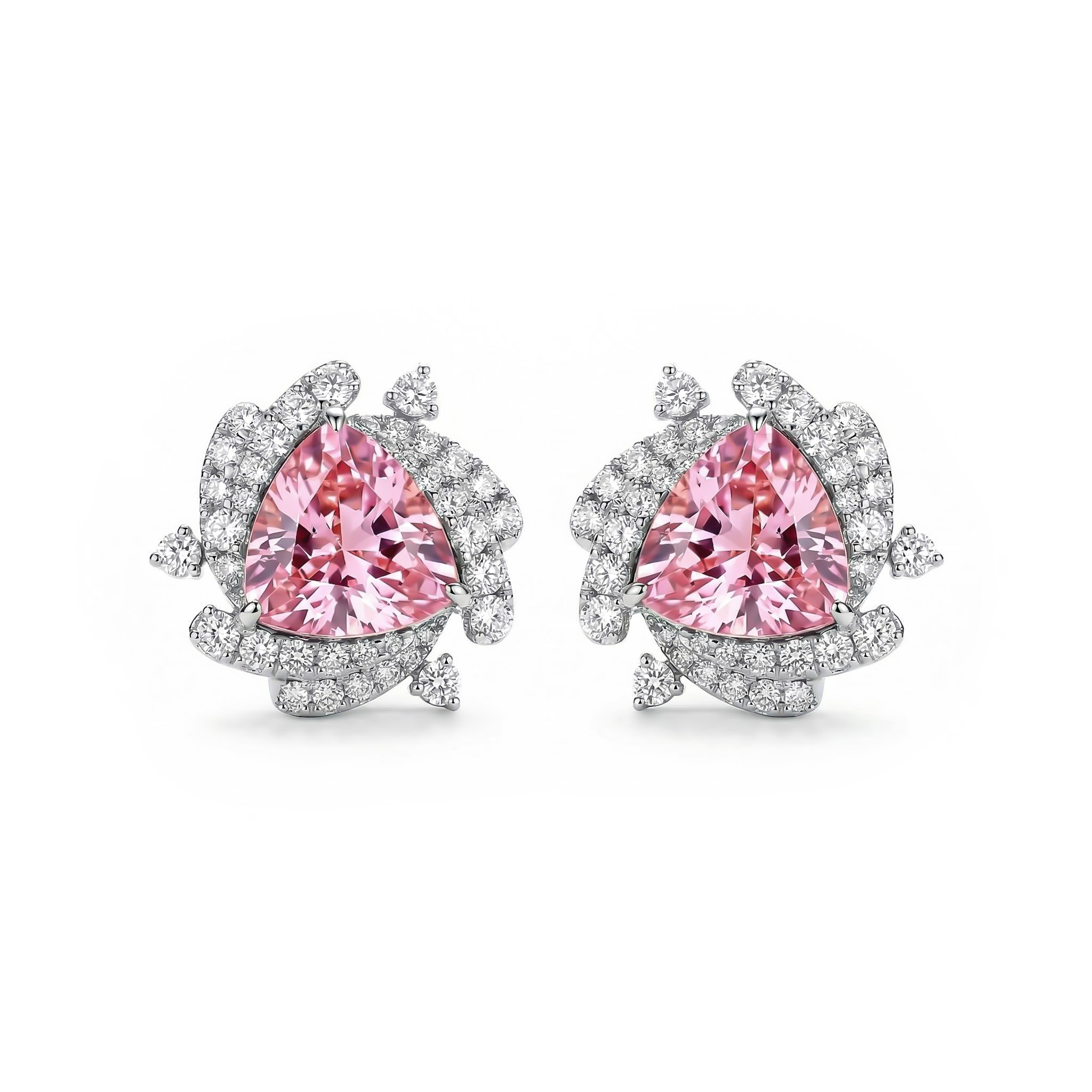 Sleek Symmetry Pink Trillion Cut Halo Diamond Earrings