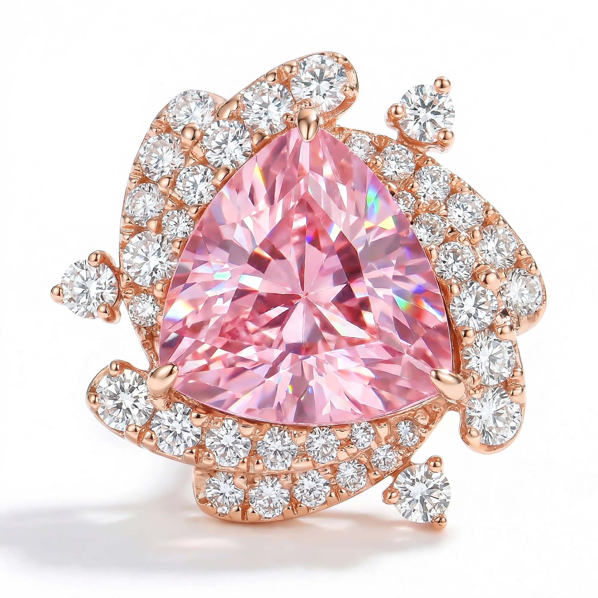 Sleek Symmetry Pink Trillion Cut Halo Diamond Earrings