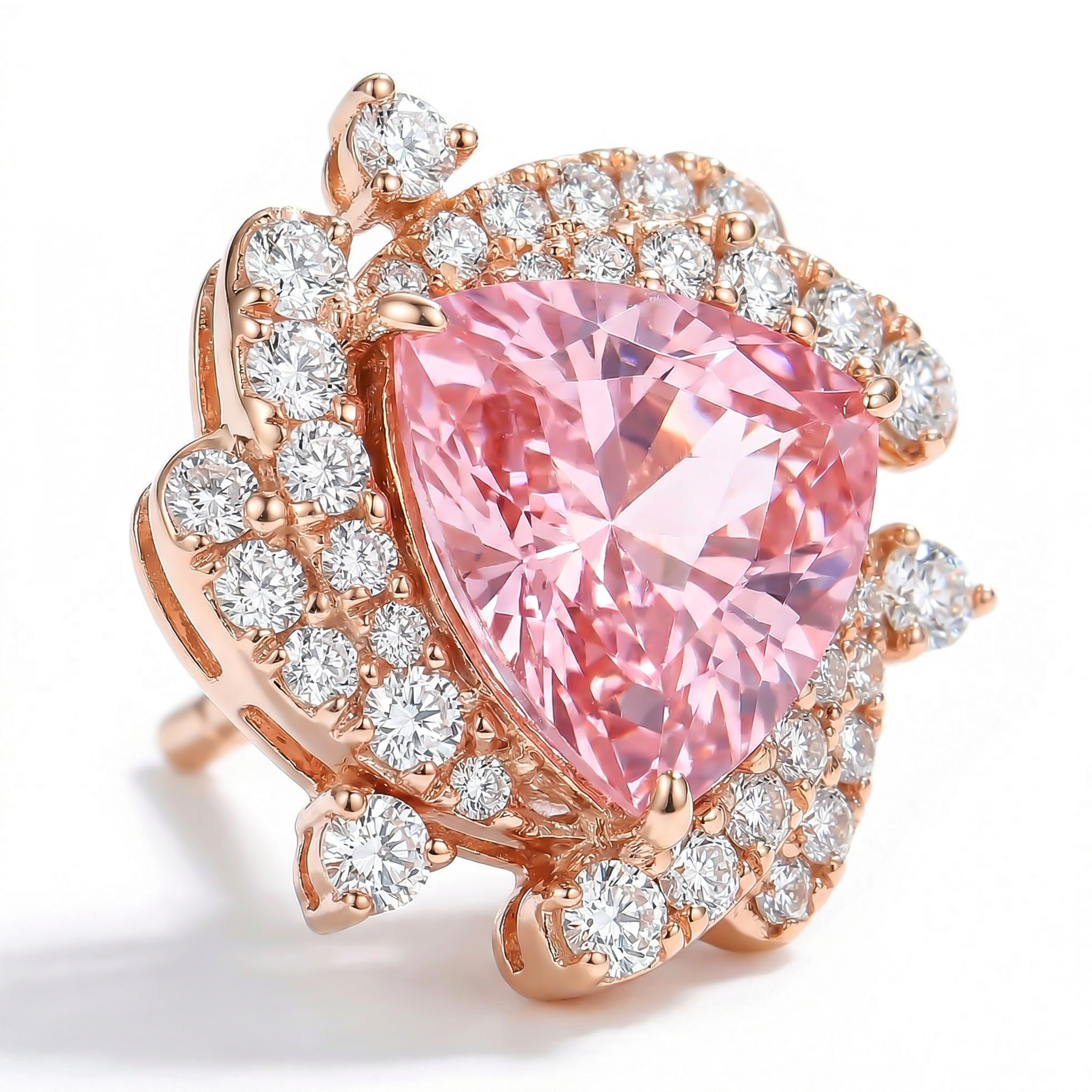 Sleek Symmetry Pink Trillion Cut Halo Diamond Earrings