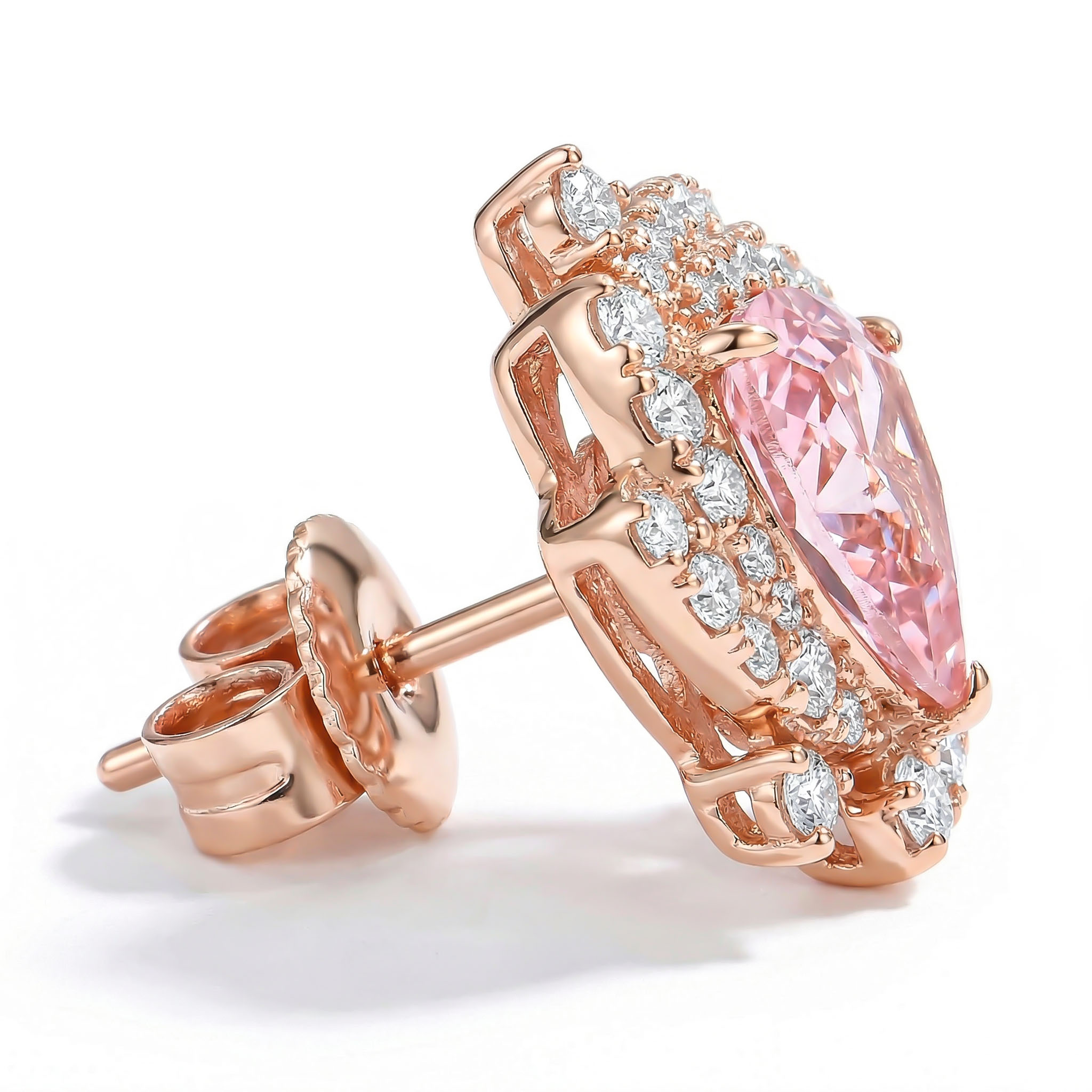 Sleek Symmetry Pink Trillion Cut Halo Diamond Earrings