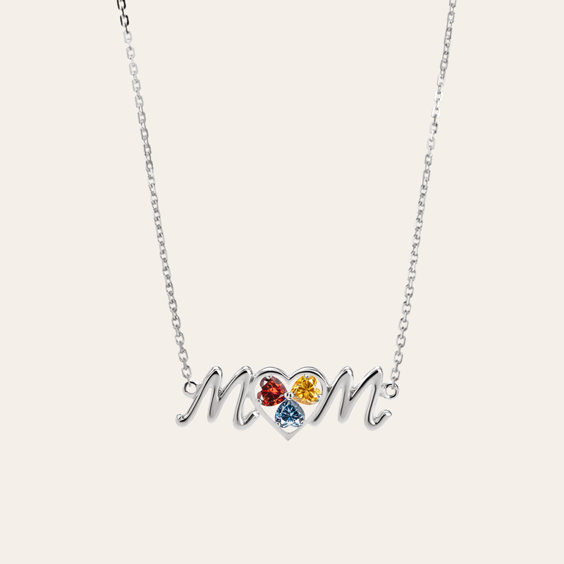 Elegant “MoM” Heart Pendant Necklace with Colored Birthstones