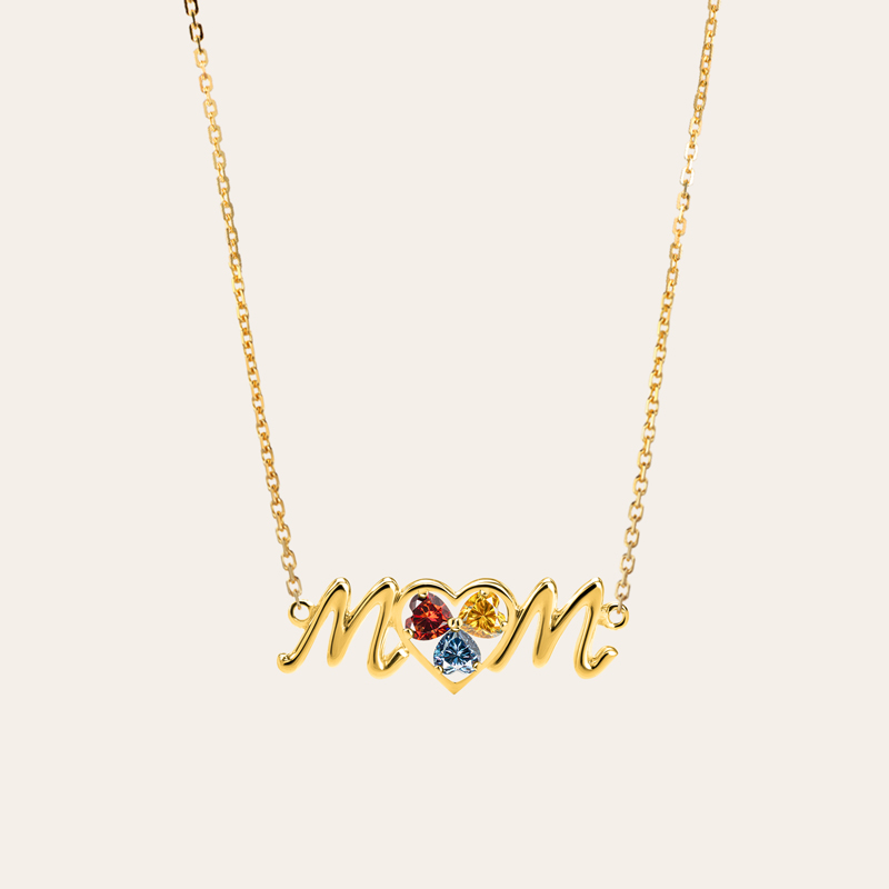 Elegant “MoM” Heart Pendant Necklace with Colored Birthstones