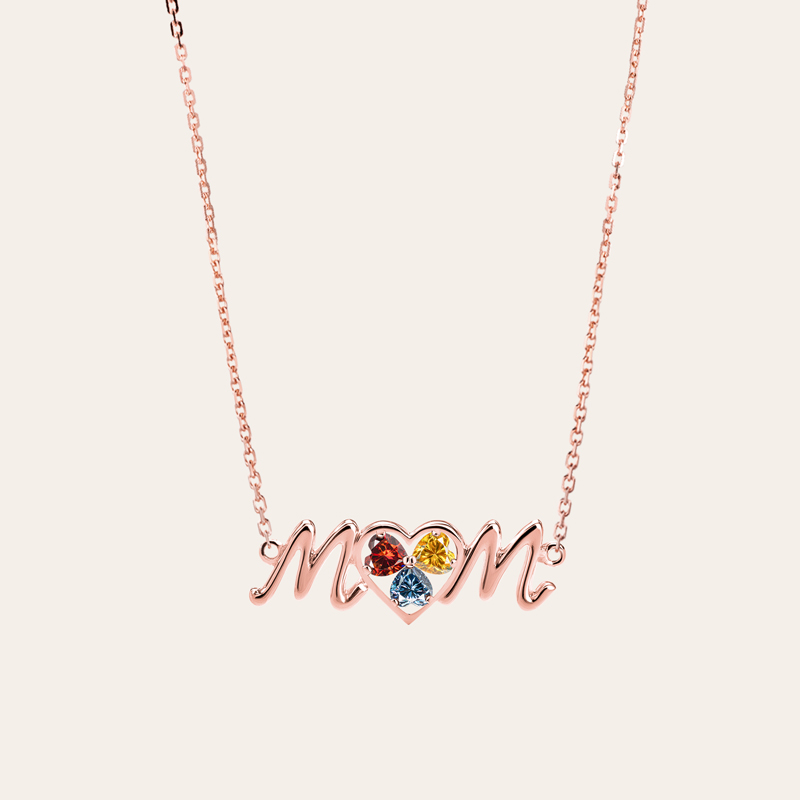 Elegant “MoM” Heart Pendant Necklace with Colored Birthstones
