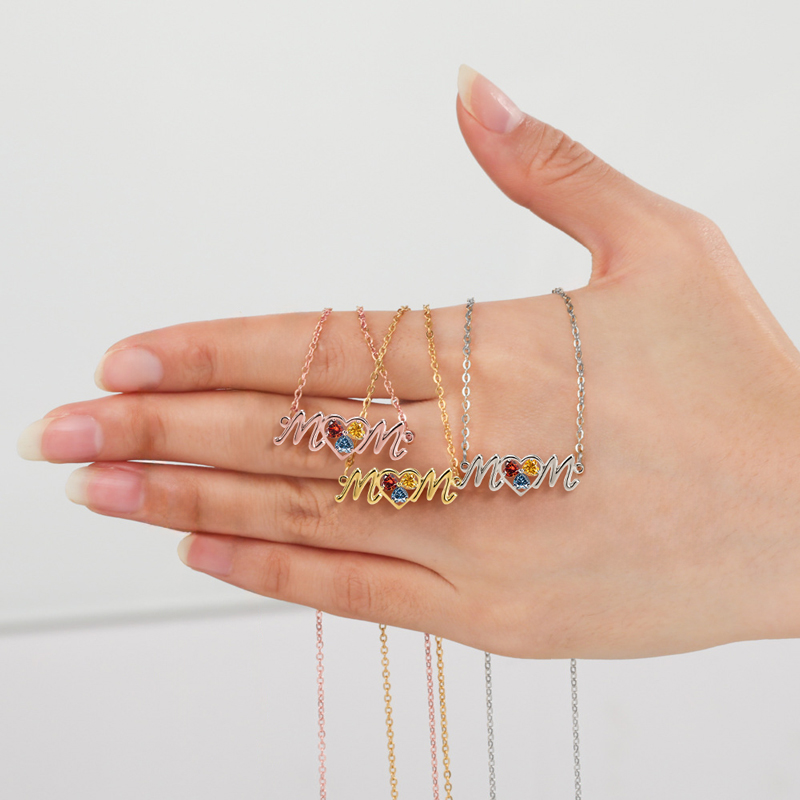 Elegant “MoM” Heart Pendant Necklace with Colored Birthstones