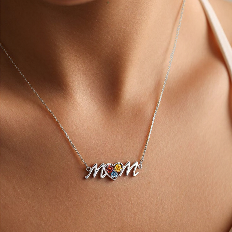 Elegant “MoM” Heart Pendant Necklace with Colored Birthstones
