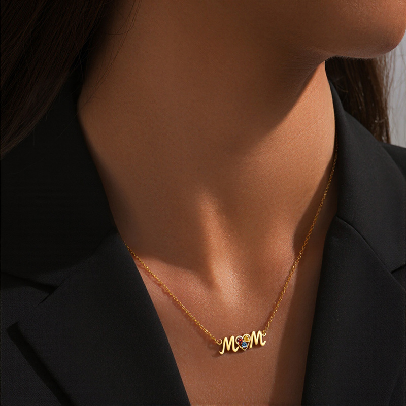 Elegant “MoM” Heart Pendant Necklace with Colored Birthstones