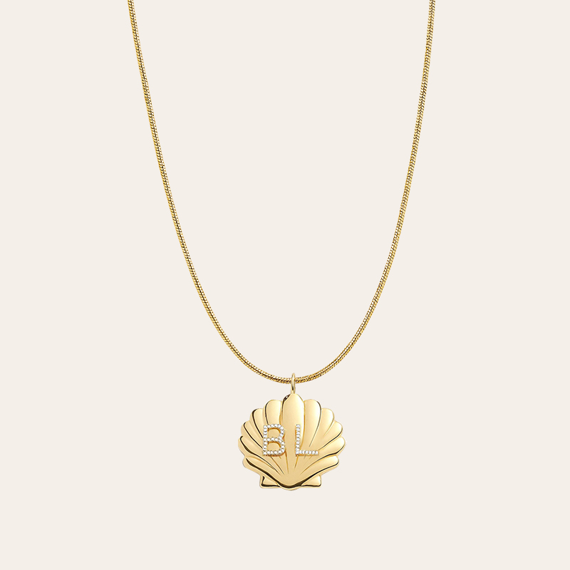 Gold Shell Pendant Necklace with Custom Crystal Letters