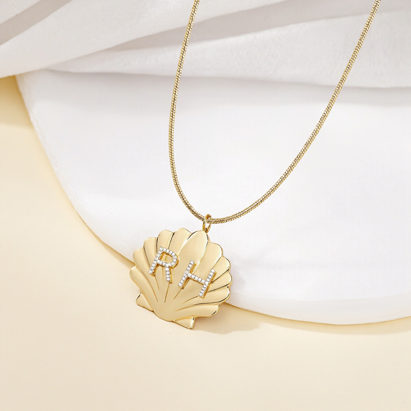 Gold Shell Pendant Necklace with Custom Crystal Letters