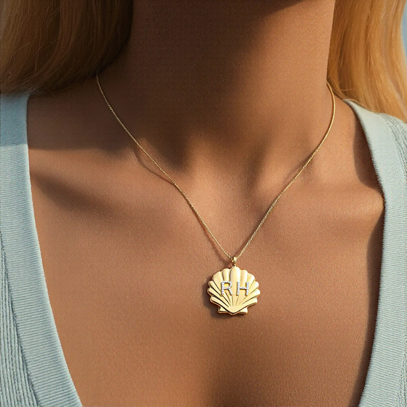 Gold Shell Pendant Necklace with Custom Crystal Letters