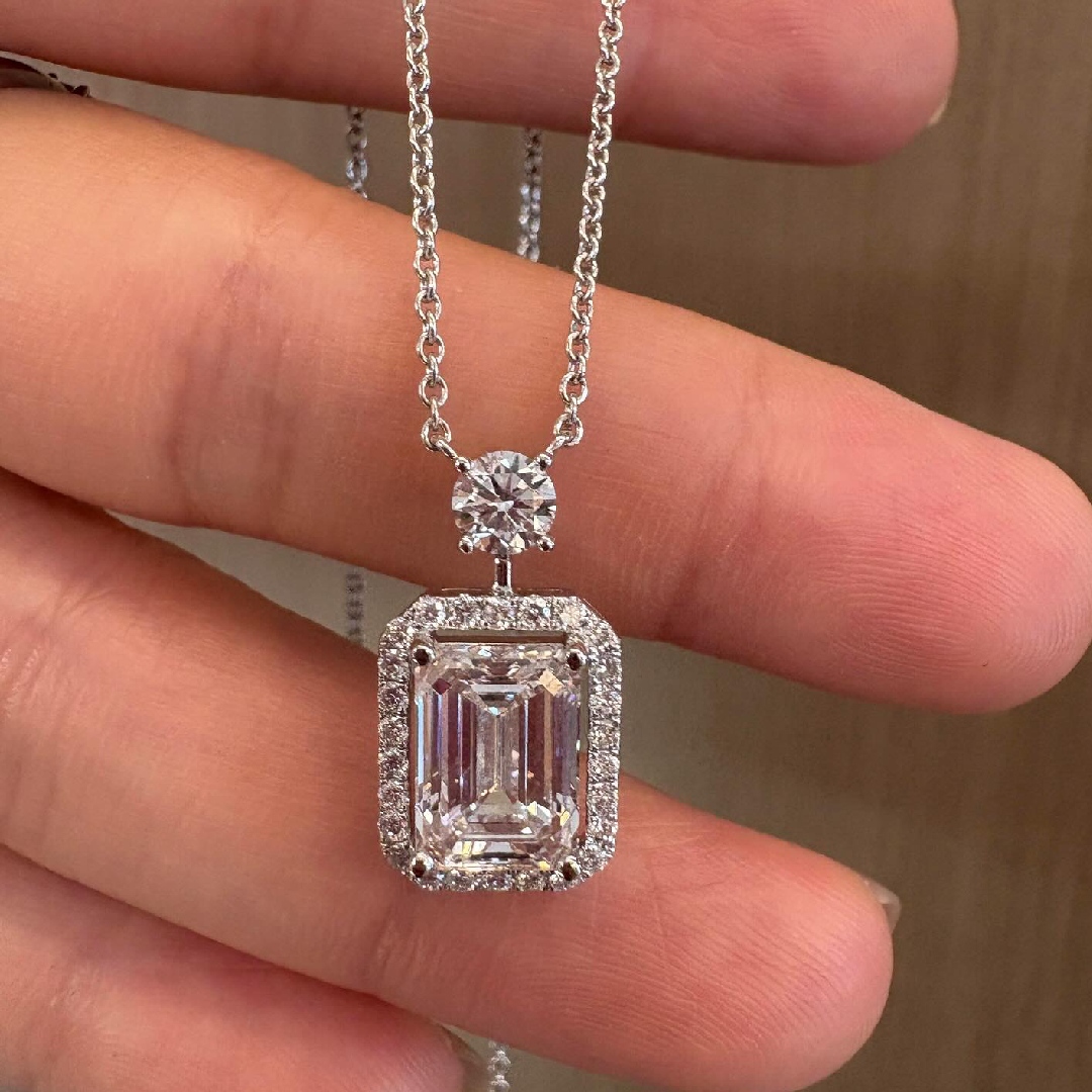 Elegant 5Ct Emerald Cut Halo VVS1 Moissanite Pendant Necklace