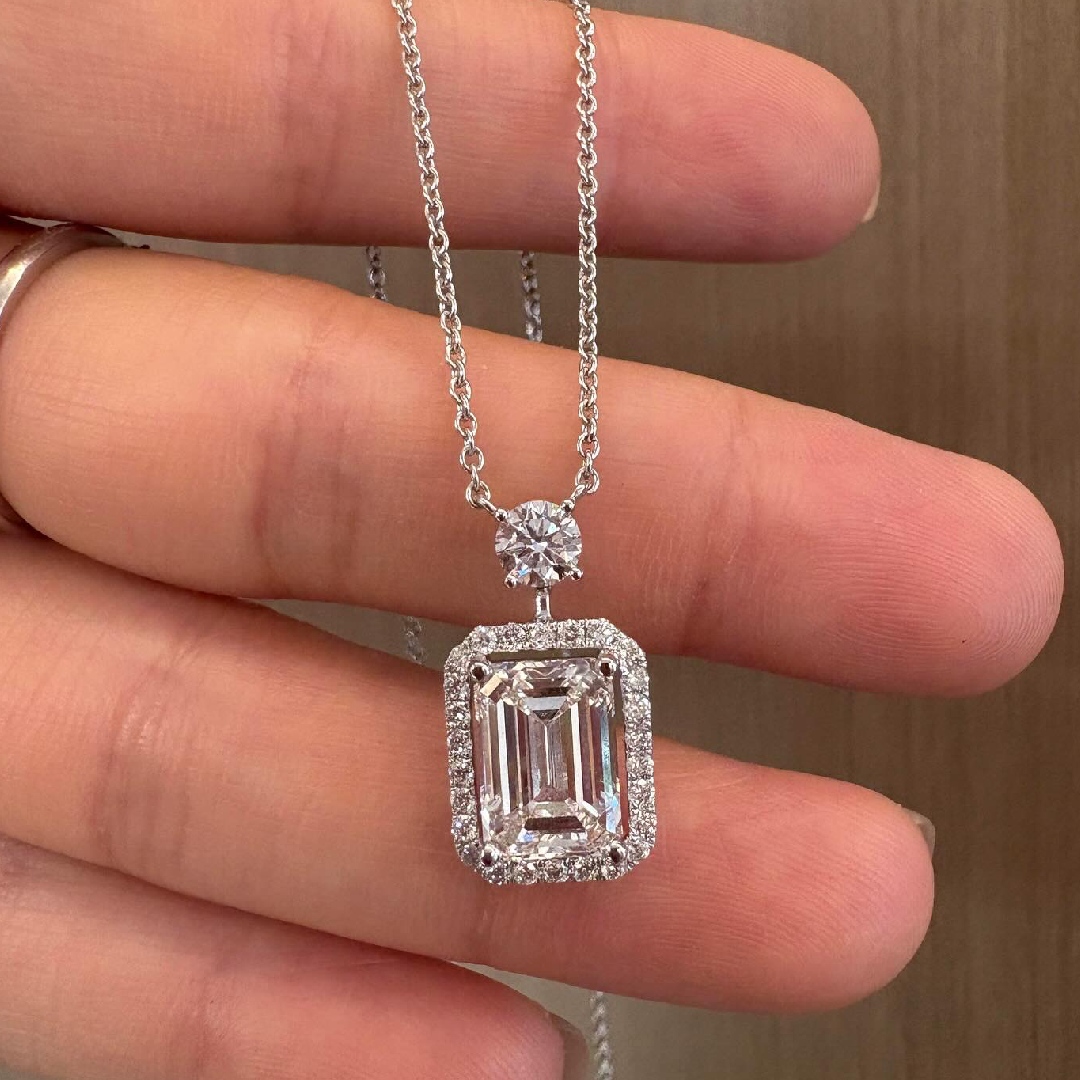 Elegant 5Ct Emerald Cut Halo VVS1 Moissanite Pendant Necklace