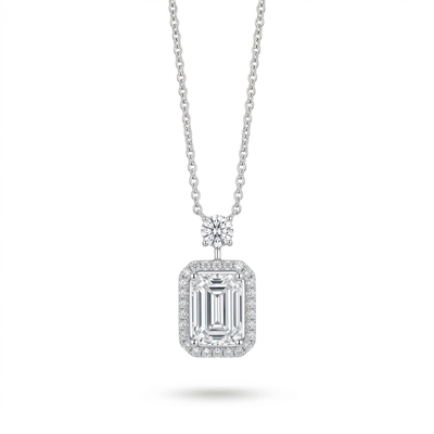 Elegant 5Ct Emerald Cut Halo VVS1 Moissanite Pendant Necklace