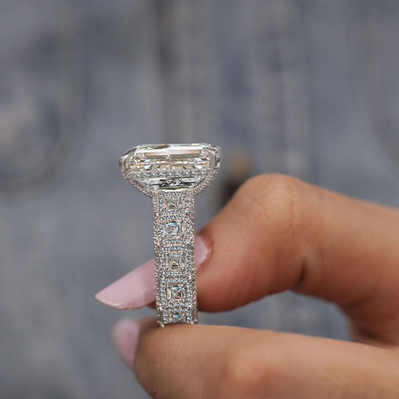 9.5CT Emerald & Round Cut VVS Moissanite S925 Silver Engagement Ring