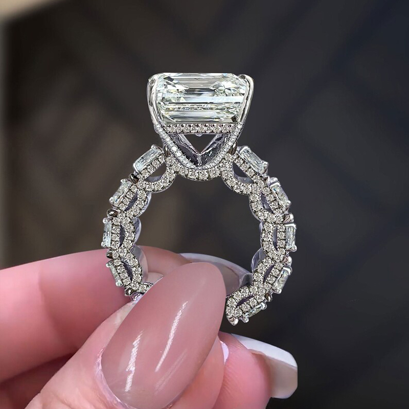 9.5CT Emerald & Round Cut VVS Moissanite S925 Silver Engagement Ring