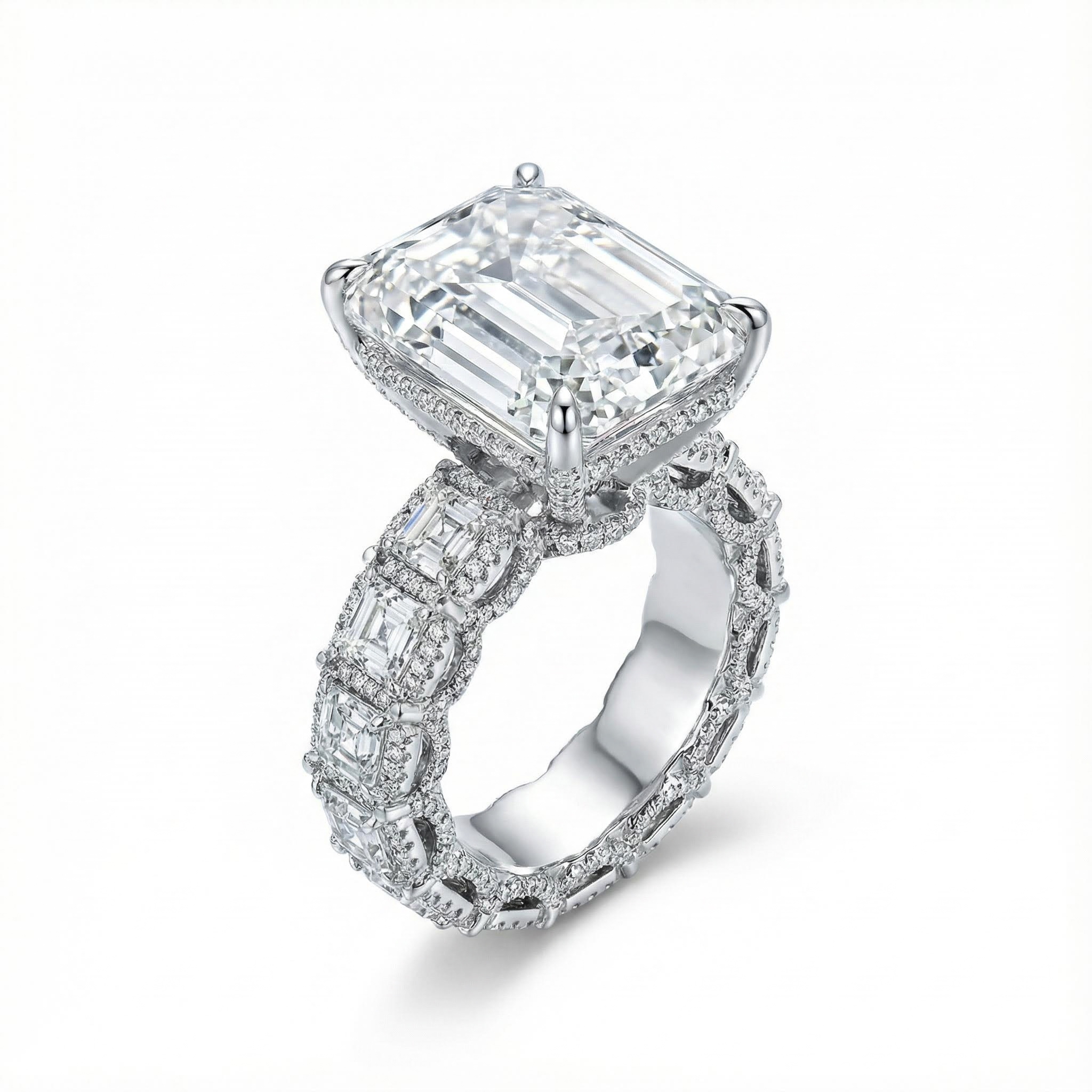 9.5CT Emerald & Round Cut VVS Moissanite S925 Silver Engagement Ring