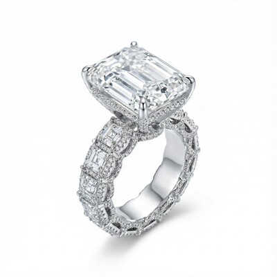 9.5CT Emerald & Round Cut VVS Moissanite S925 Silver Engagement Ring