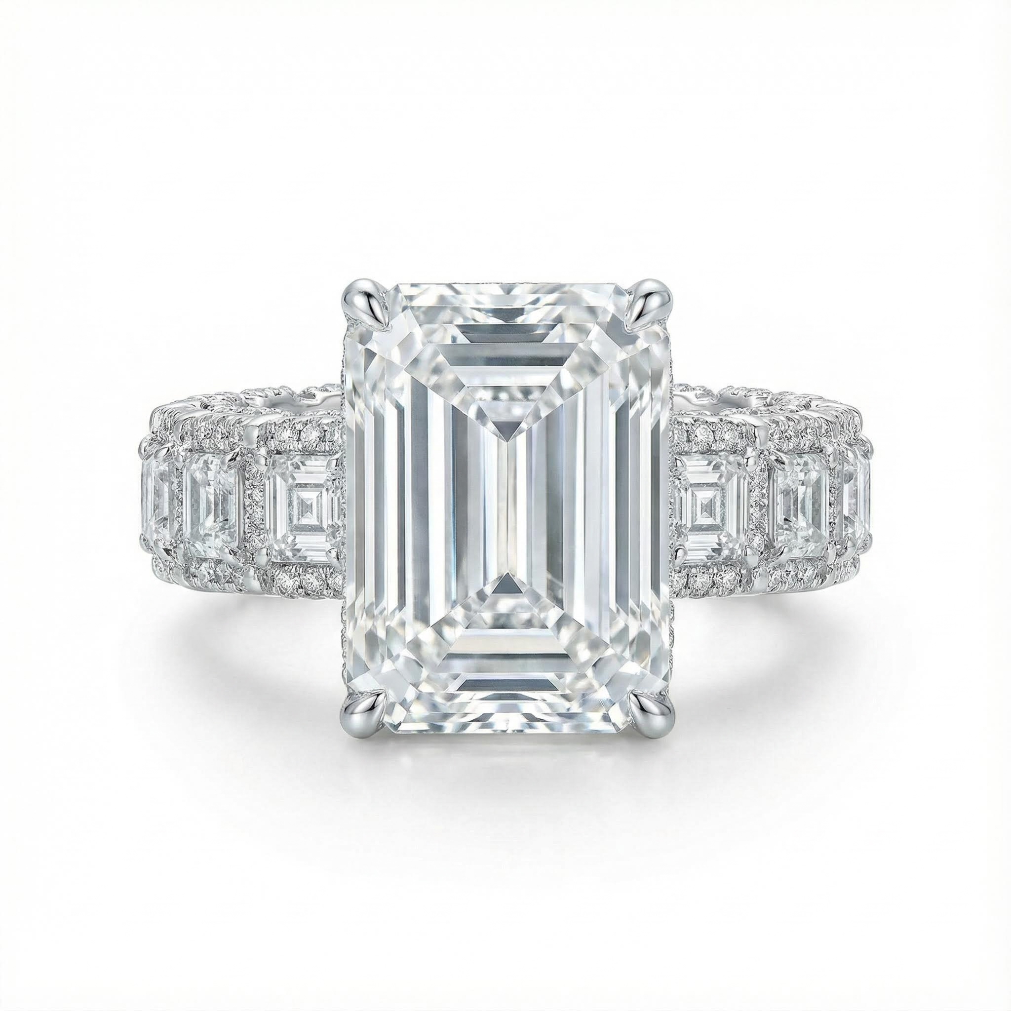 9.5CT Emerald & Round Cut VVS Moissanite S925 Silver Engagement Ring