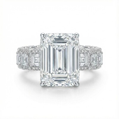 9.5CT Emerald & Round Cut VVS Moissanite S925 Silver Engagement Ring