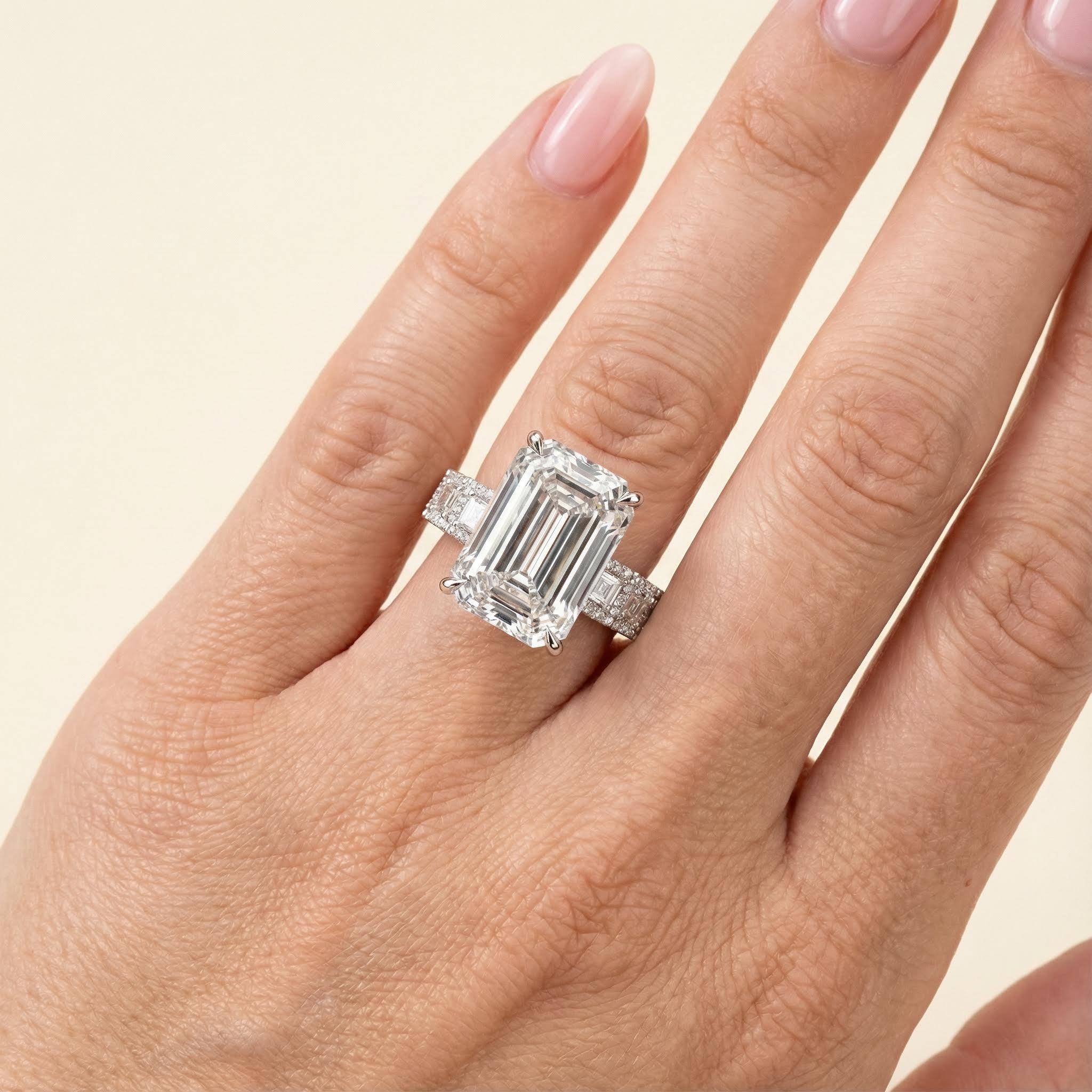 9.5CT Emerald & Round Cut VVS Moissanite S925 Silver Engagement Ring