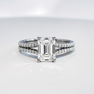 3.84CT Emerald & Round Cut VVS Moissante S925 Silver Split Shank Engagement Ring