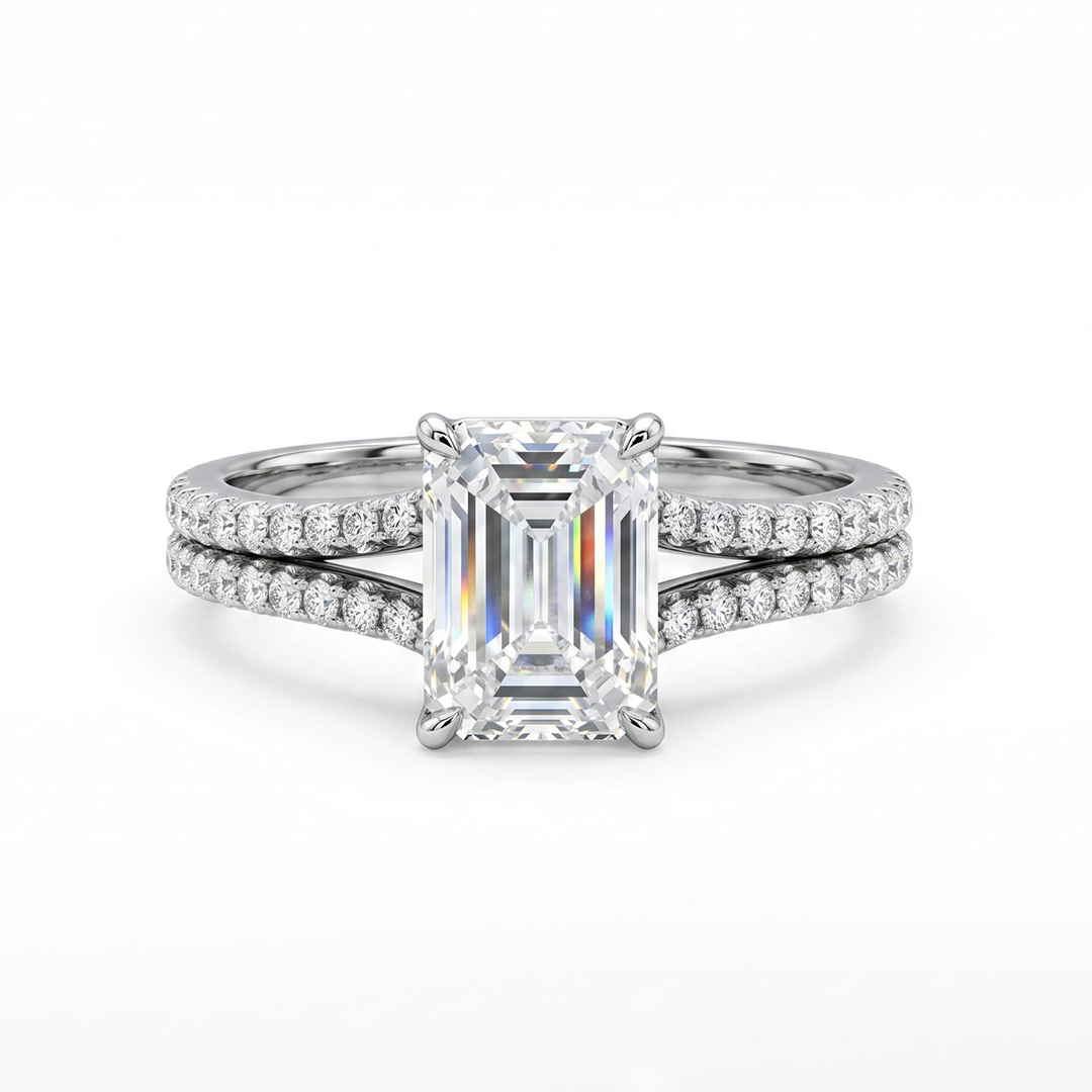 2.29ct. tw. Emerald & Round Cut VVS Moissanite S925 Silver Split Shank Engagement Ring 2.29ct. tw. Emerald & Round Cut VVS Moissanite S925 Silver Split Shank Engagement Ring