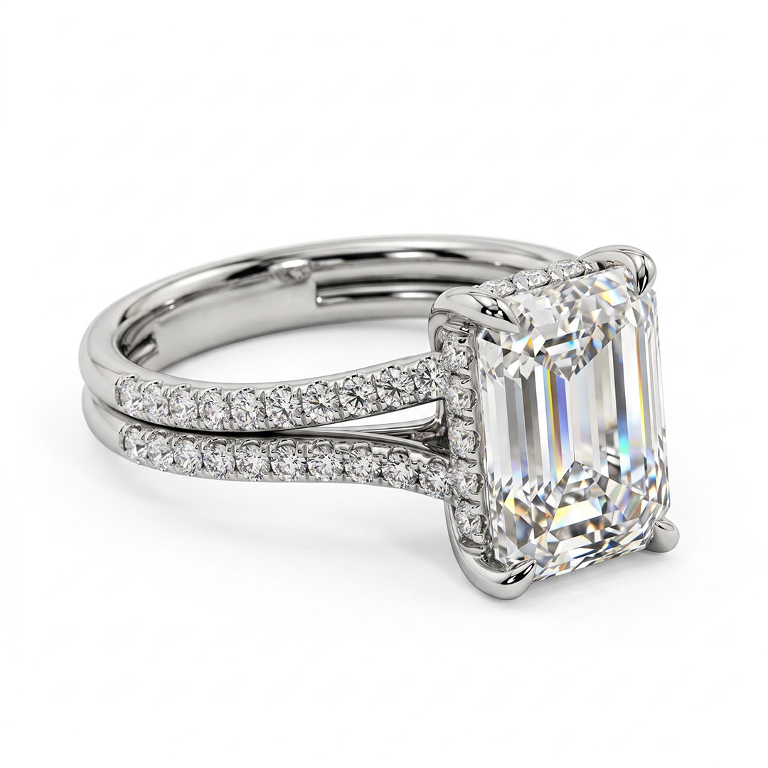 2.29ct. tw. Emerald & Round Cut VVS Moissanite S925 Silver Split Shank Engagement Ring 2.29ct. tw. Emerald & Round Cut VVS Moissanite S925 Silver Split Shank Engagement Ring