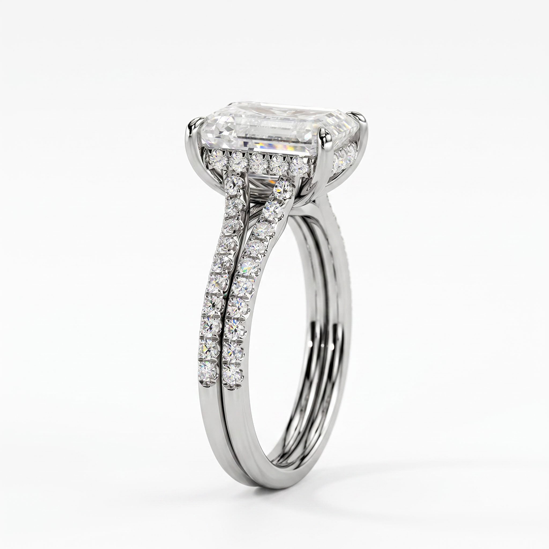 2.29ct. tw. Emerald & Round Cut VVS Moissanite S925 Silver Split Shank Engagement Ring 2.29ct. tw. Emerald & Round Cut VVS Moissanite S925 Silver Split Shank Engagement Ring