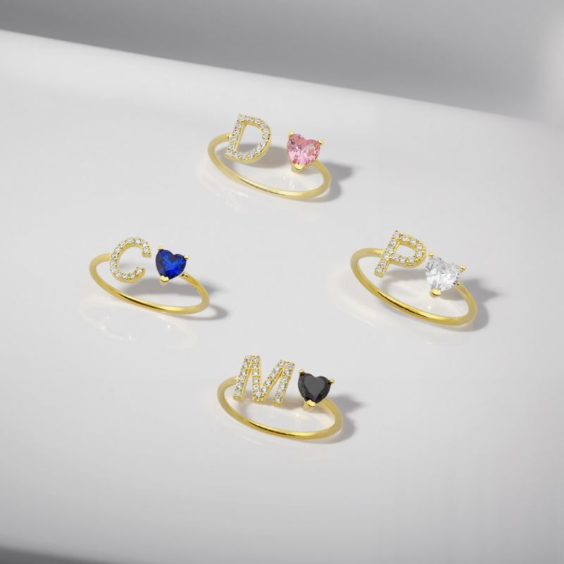 Personalized Letter & Heart Cut Birthstone Ring