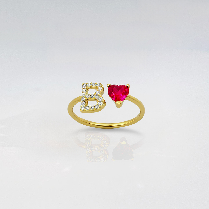 Personalized Letter & Heart Cut Birthstone Ring