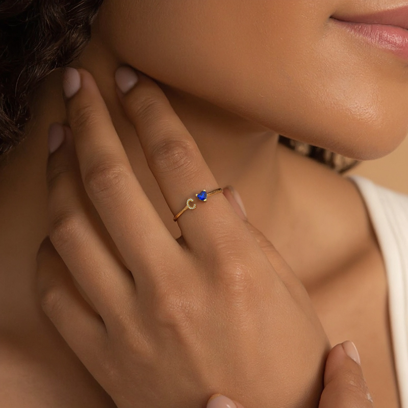 Personalized Letter & Heart Cut Birthstone Ring