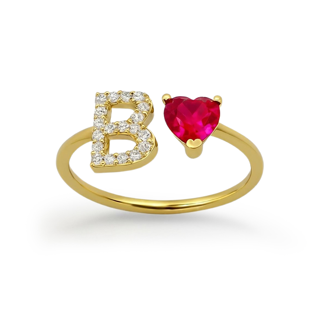 Personalized Letter & Heart Cut Birthstone Ring