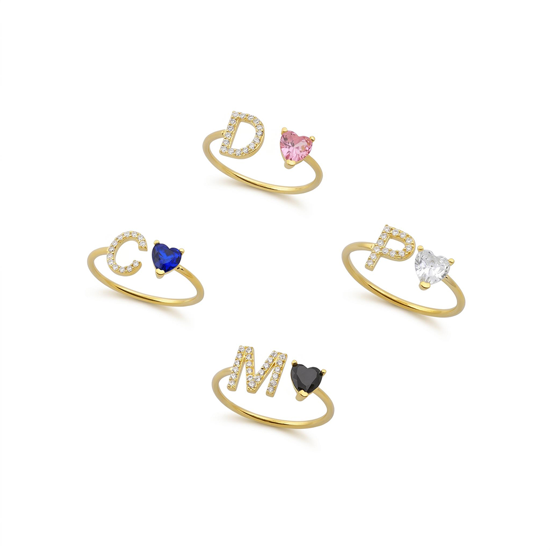 Personalized Letter & Heart Cut Birthstone Ring