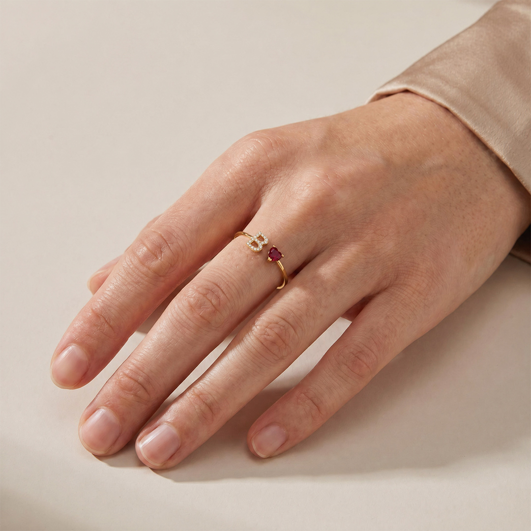 Personalized Letter & Heart Cut Birthstone Ring