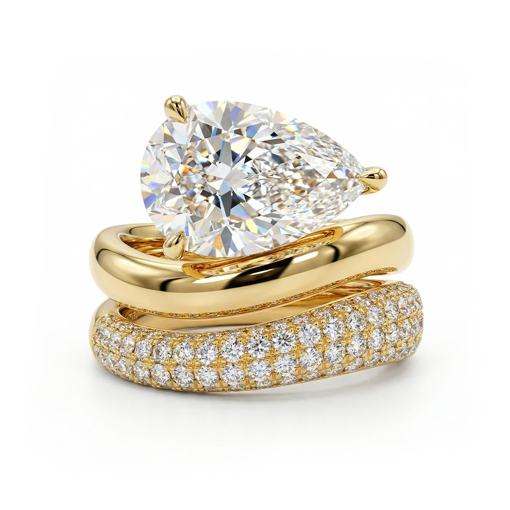 4.42ct TCW Pear Cut VVS Moissanite Bridal Ring Set Pave Curved Style Wedding Ring Set