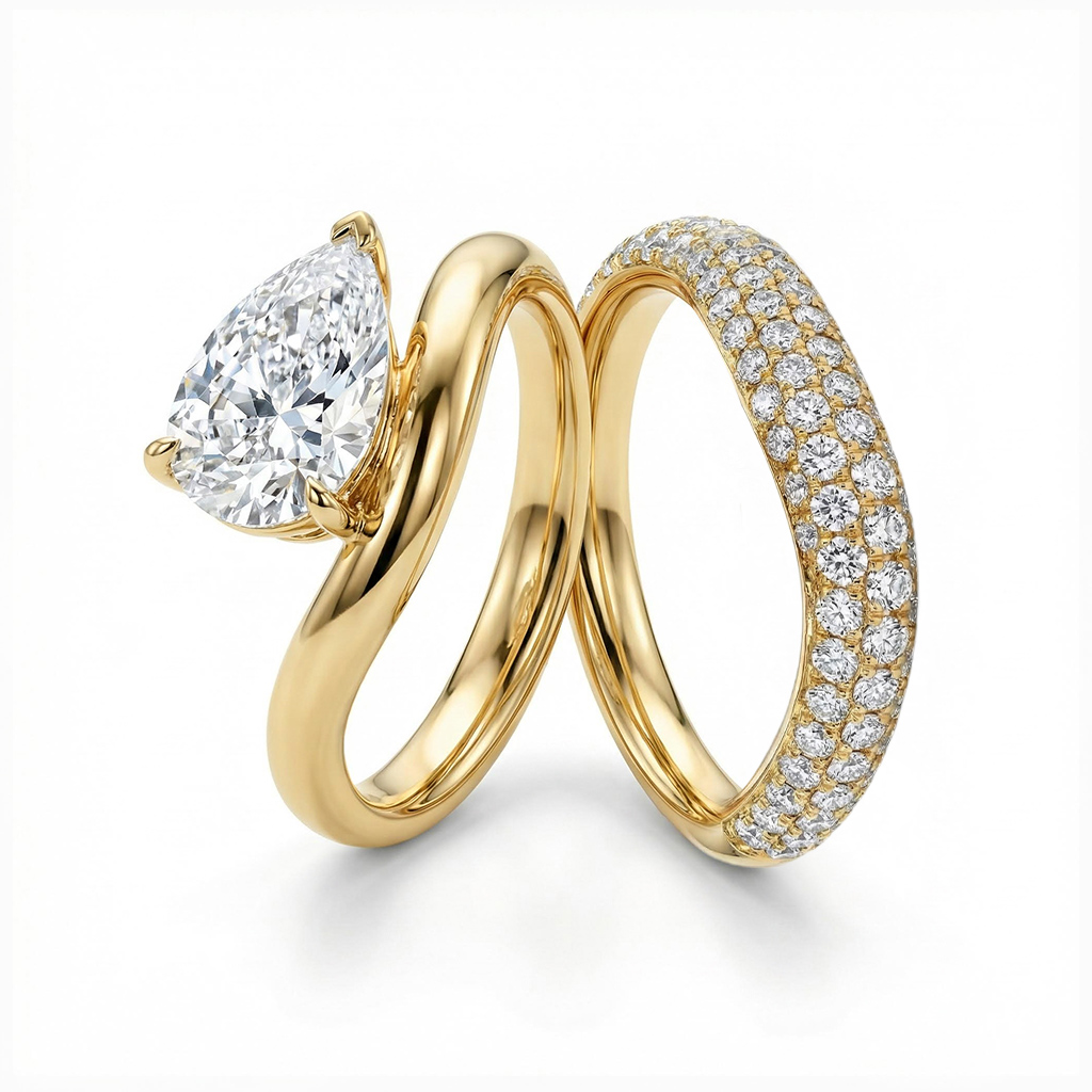 4.42ct TCW Pear Cut VVS Moissanite Bridal Ring Set Pave Curved Style Wedding Ring Set