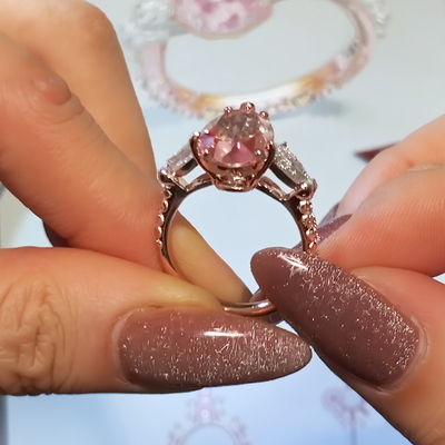 2.6CT Pear Cut Pink Gemstone Three Stone Engagement Ring