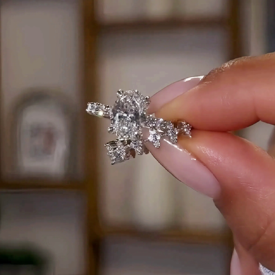 4.2 Ct Oval Cut Paved VVS1 Moissanite Engagement Ring with Cluster Wedding Band Ring Set 4.2 Ct Oval Cut Paved VVS1 Moissanite Engagement Ring with Cluster Wedding Band Ring Set